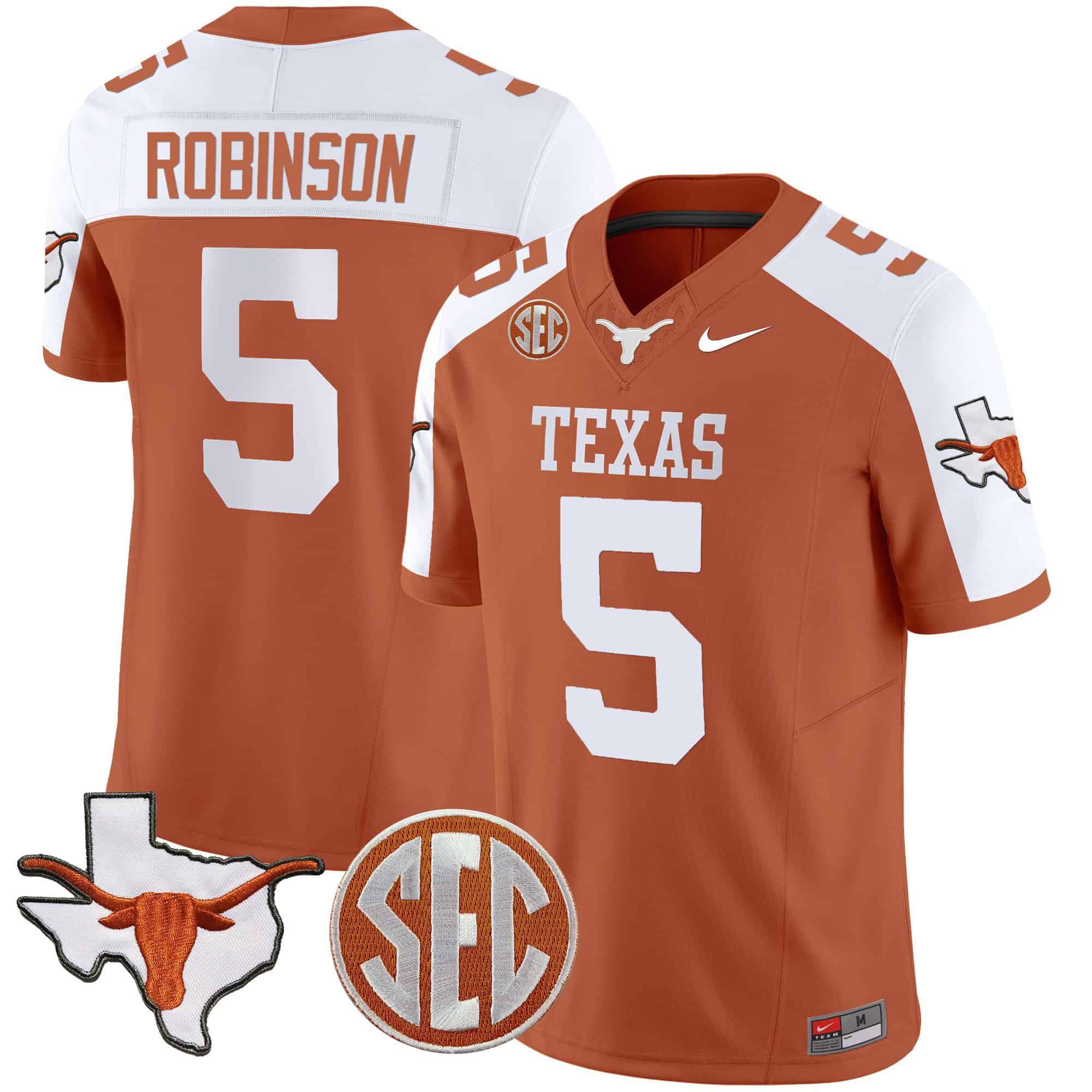 Men Texas Longhorns #5 Robinson Orange 2024 Nike State Map & SEC Patch Vapor NCAA Jersey->indianapolis colts->NFL Jersey